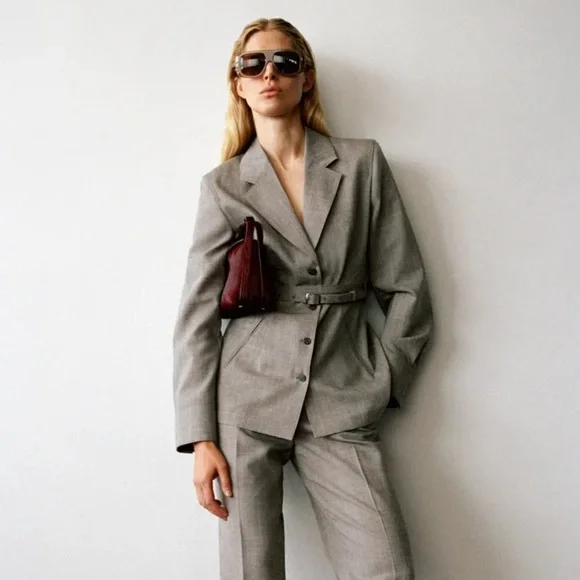 ZARA Brown Taupe 100% Wool Belted Blazer Jacket Coat ZW Collection Gray XS NWT - Picture 1 of 16